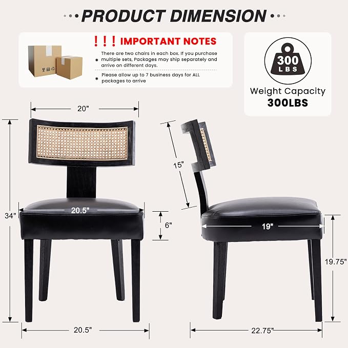 HNY Mid Century Modern Rattan Dining Chairs Set of 6, Farmhouse PU Leather Upholstered Accent Chair Curved Backrest Kitchen Chairs, with Black Hardwood Frame, Black