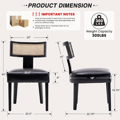 HNY Mid Century Modern Rattan Dining Chairs Set of 6, Farmhouse PU Leather Upholstered Accent Chair Curved Backrest Kitchen Chairs, with Black Hardwood Frame, Black