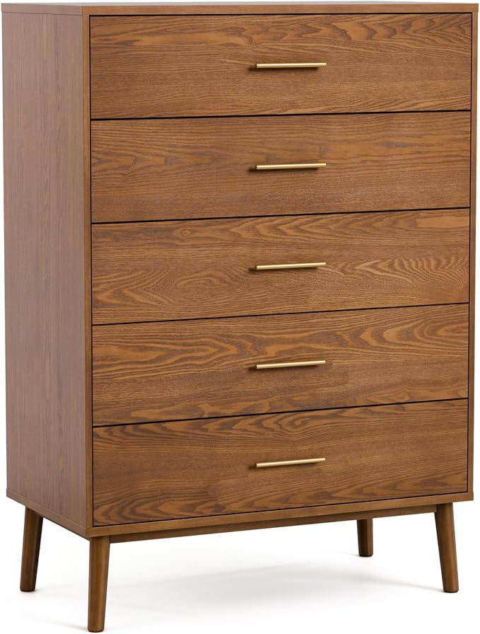Furniture of America Wyatt Modern Solid Wood Bedroom Collection with Queen Bed Frame, Nightstands, Dresser with Mirror, Chest, No Box Spring Needed, Walnut, Boucle Wingback Low Profile, 6-Piece Set