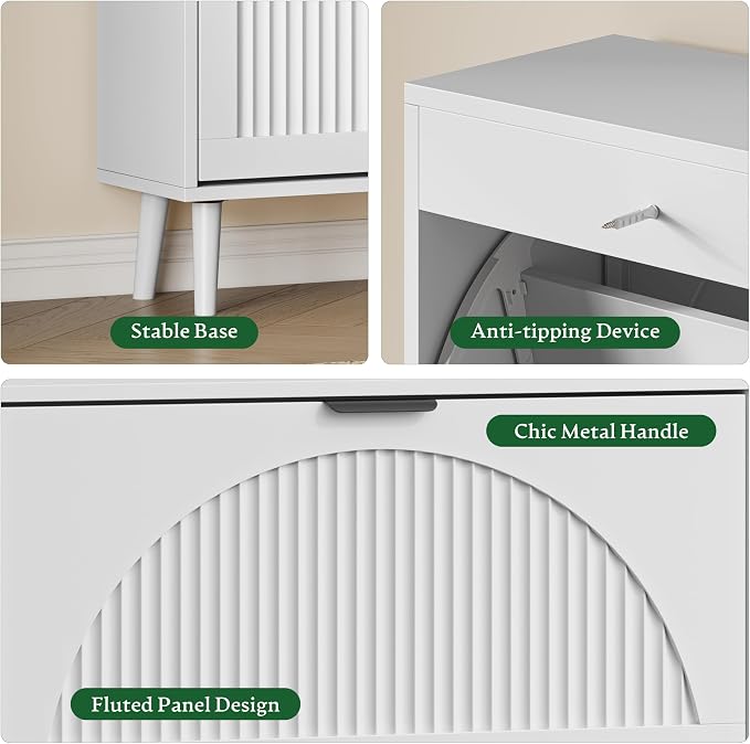 Xixini Shoe Storage Cabinet with 3 Flip Drawers, 50" Tall Narrow Wood Fluted Shoe Organizer for Entryway, Freestanding Wooden Hidden Slim Shoe Rack for Front Door Entrance, Hallway, Foyer, Solid White