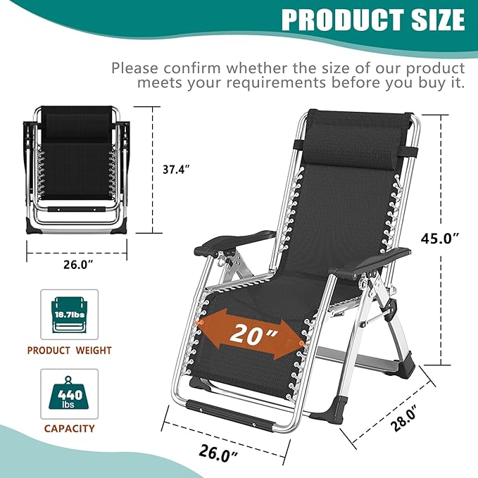 DoCred Zero Gravity Chair, Lawn Recliner, Reclining Patio Lounger Chair, Folding Portable Chaise with Detachable Headrest and Cup Holder