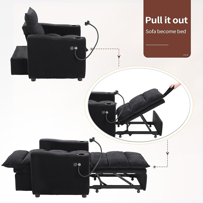 HAOMARKETS Corduroy Sleeper Sofa Bed with 2 Cup Holders, 3-in-1 Convertible Pullout Futon Couch with Phone Holder&USB Charge Port, Single Chair with 3-Level Adjustable Backrest for Living Room