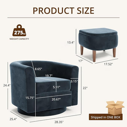 Swivel Accent Chair with Storage Ottoman, Modern Velvet Barrel Chair, Upholstered Armchair with Footrest for Living Room/Reading/Bedroom, 25.4'' D x 28.35'' W x 24.4'' H, Blue