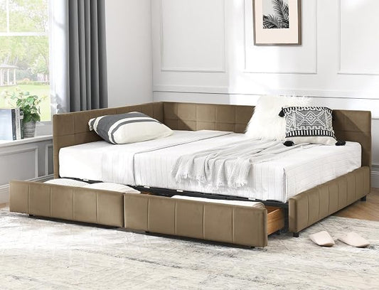 KEIKI Full Size L Shape Corner Bed Frames with 2 Storage Drawer, Backrest and Armrests, Velvet Upholstered Sofa Daybed for Small Room, Living Room, Bedroom, Guest Room, Kids' Room