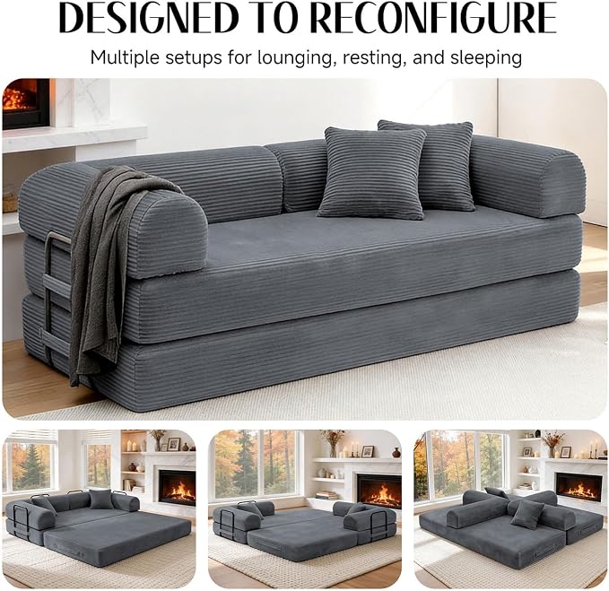 79'' Convertible Sofa Bed, Boneless Couch-in-a-Box, Corduroy Floor Futon Loveseat Sleeper, 26'' Deep Seat, Removable Machine-Wash Covers, No Assembly, 2 Pillows, Dark Grey
