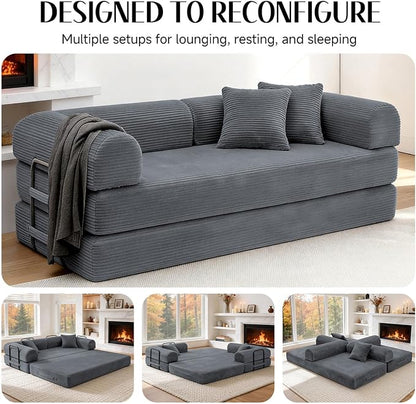 79'' Convertible Sofa Bed, Boneless Couch-in-a-Box, Corduroy Floor Futon Loveseat Sleeper, 26'' Deep Seat, Removable Machine-Wash Covers, No Assembly, 2 Pillows, Dark Grey