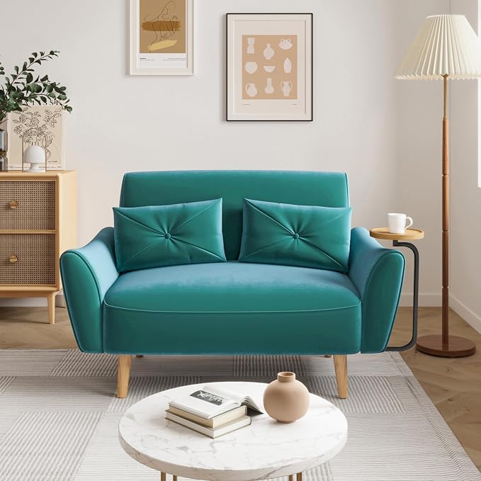 Brelice Loveseat Sofa, 47" Velvet Couch for Bedroom, Convertible Wooden Tray & Ergonomic Armrest, for Small Space, Apartment, Living Room, Home Office, Easy Assembly, Green