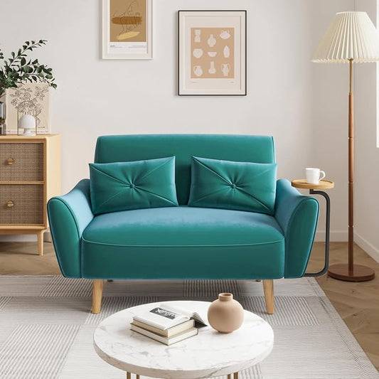 Brelice Loveseat Sofa, 47" Velvet Couch for Bedroom, Convertible Wooden Tray & Ergonomic Armrest, for Small Space, Apartment, Living Room, Home Office, Easy Assembly, Green