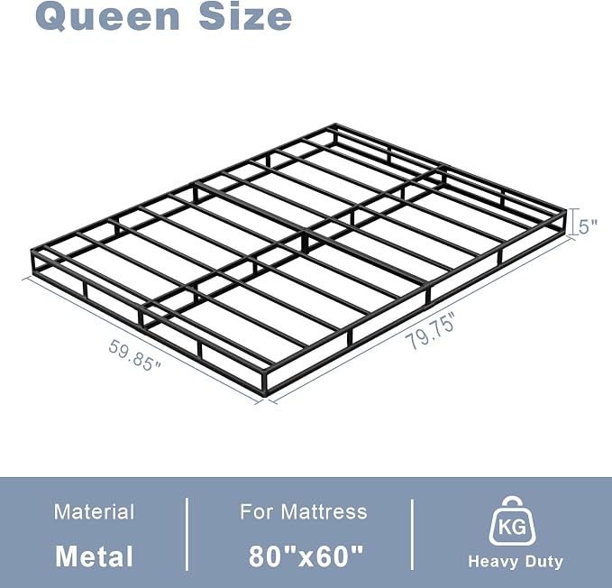 Tyndall 5 Inch Box Spring for Queen Bed, Heavy Duty Metal Queen Mattress Foundation with Fabric Cover, Low Profile Bed Base, Non-Slip, Noise-Free, Easy Assembly