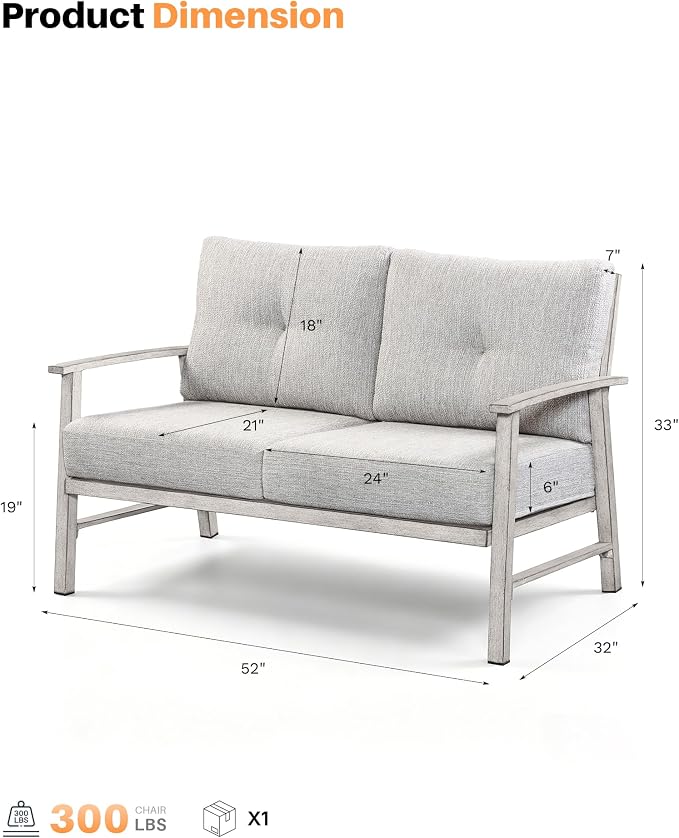 Patio Furniture Loveseat Sofa, Outdoor Aluminum Patio Couch with 5.9'' Soft Cushion, All-Weather 2 Seats Outdoor Furniture Sofa Couch for Garden, Poolside, Lawn, White Oak