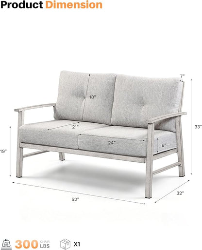 Patio Furniture Loveseat Sofa, Outdoor Aluminum Patio Couch with 5.9'' Soft Cushion, All-Weather 2 Seats Outdoor Furniture Sofa Couch for Garden, Poolside, Lawn, White Oak