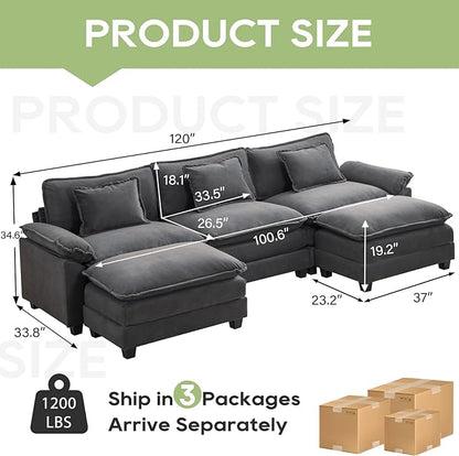 Oprisen 120" Modular Sectional Sofa, Comfy Cloud Couch Sectional Sofa with Ottoman, Chenille Sofa Sleeper Deep Seat Sofa with Throw Pillows for Living Room (Blue Gray, 120"- U Shape)