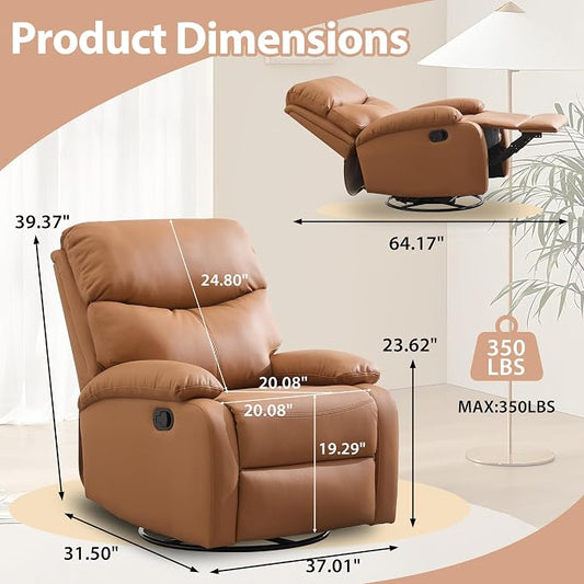 Genuine Leather Rocker Recliner Modern Manual Swivel Glider Recliner with Adjustable Backrest & Footrest Wall Hugger Swivel Rocking Recliner Chair for Modern Living Room and RV Warm Brown