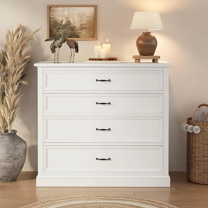 4 Piece Bedroom Set Queen Size Bed Frame with Dresser and 2 Nightstands | White Platform Bed Frames,4 Storage Drawers Cabinet,Farmhouse Bedroom Furniture Sets,Sturdy Wooden Slat Support,Guest Room