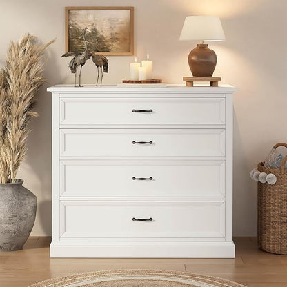 4 Piece Bedroom Set Queen Size Bed Frame with Dresser and 2 Nightstands | White Platform Bed Frames,4 Storage Drawers Cabinet,Farmhouse Bedroom Furniture Sets,Sturdy Wooden Slat Support,Guest Room