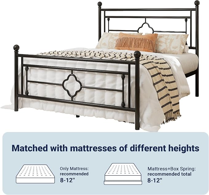 Allewie Full Size Metal Platform Bed Frame with Victorian Vintage Headboard and Footboard/Mattress Foundation/Under Bed Storage/No Box Spring Needed/Noise-Free/Easy Assembly, Black