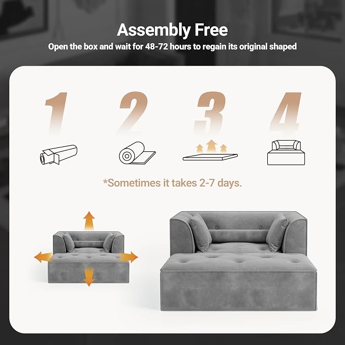 Claiks 62" Chaise Lounge Chair Indoor,Oversized Chaise Lounge for Living Room, Upholstered Boneless Chair Bed with Ottoman, Armrest and Pillows, Indoor Cloud Couch, Dark Gray
