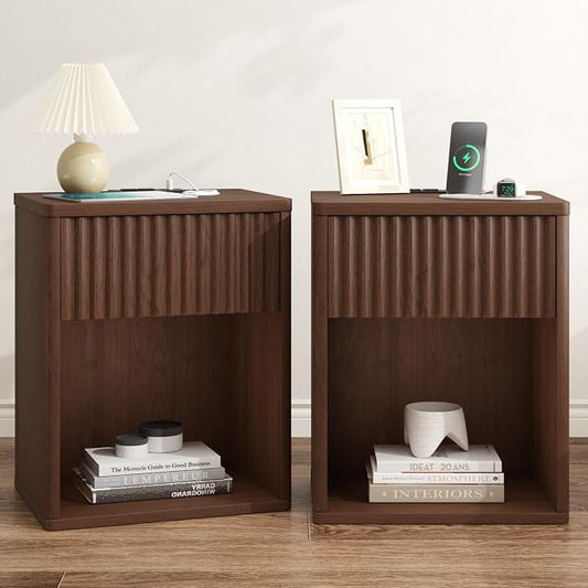 Fluted Nightstands Set of 2 w/Charging Station, Wooden End Table Bed Side Table with Curved Drawer, Mid Century Modern Fluted Night Stand with Rounded Edge for Bedroom, Living Room Sofa, Walnut