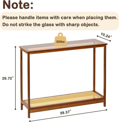Bamboo Narrow Console Table, 39.4"(L) Wood Small Entryway Table with Rattan and Glass, Accent Slim Hallway Tables, Thin Sofa Side Tables for Hallway, Living Room, Bedroom, Foyer, Walnut