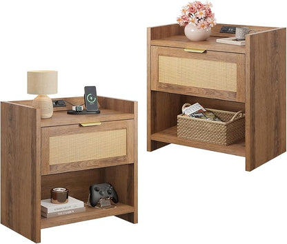 WLIVE Rattan Nightstands Set of 2, Night Stand Sets with Charging Station, Boho Bed Side Table with Storage Drawer and Open Shelf, End Tables Bedroom, Natural Oak