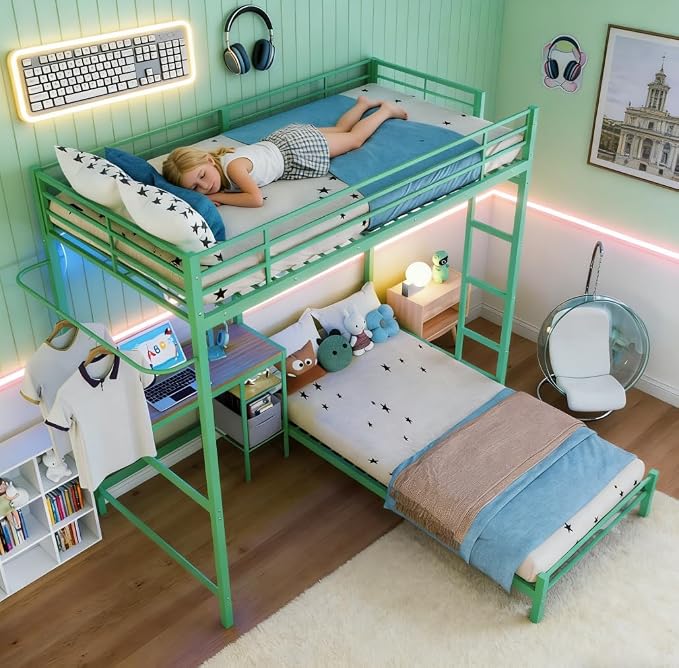 Bellemave Twin Over Twin bunk Bed with Desk and LED Charging Station, loft Bed with Desk and Shelves Drawer, Twin Over Twin Metal Bunk Beds with Storage, Green