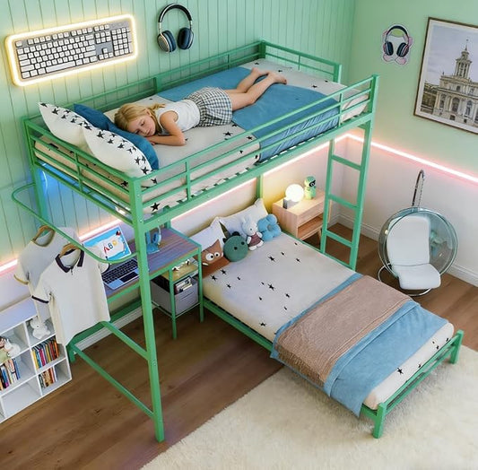 Bellemave Twin Over Twin bunk Bed with Desk and LED Charging Station, loft Bed with Desk and Shelves Drawer, Twin Over Twin Metal Bunk Beds with Storage, Green