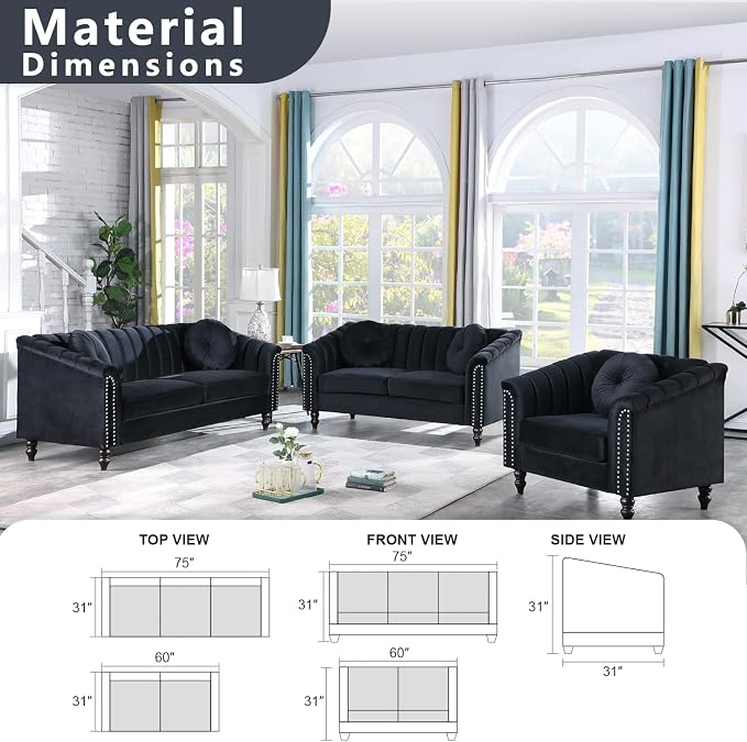 Sectional Sofa Set, Microfiber Chesterfield Upholstered Sofas Loveseat Couch Chair Sets with Style Button Tufted, Scroll Arms and Nailhead for Living Room, Office, Apartment-Black,3PCS