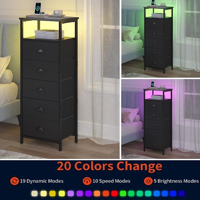 sthmec Nightstand with Charging Station,LED Black Nightstands with 5 Fabric Drawers PU Finish, Bedside End Tables, 2-Tier Open Storage Shelf Side Table Nightstand with Drawers for Bedroom, Black