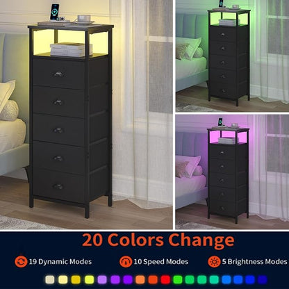 sthmec Nightstand with Charging Station,LED Black Nightstands with 5 Fabric Drawers PU Finish, Bedside End Tables, 2-Tier Open Storage Shelf Side Table Nightstand with Drawers for Bedroom, Black
