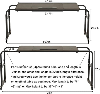 TigerDad Tilt Overbed Table with Wheels, Height Adjustable Rolling Desk for King Queen Bed, Tilting Laptop Cart Mobile Computer Workstation, Dekuwood