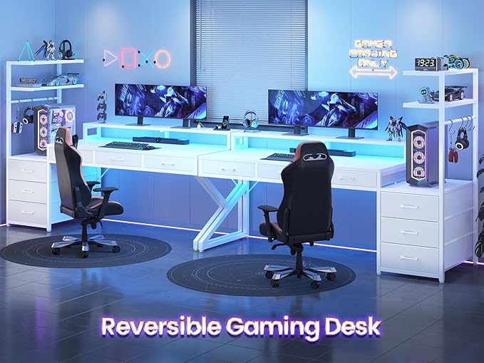 SEDETA 55" Gaming Desk with 6 Drawers, Corner Gaming Desk with Storage & LED Lights, Reversible PC Desk with Power Outlet, Corner Computer Desk with Hutch, Monitor Stand, Side Hook, Carbon Fiber White