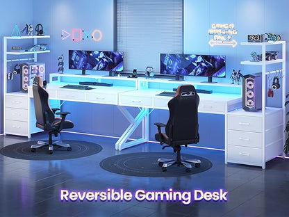 SEDETA 55" Gaming Desk with 6 Drawers, Corner Gaming Desk with Storage & LED Lights, Reversible PC Desk with Power Outlet, Corner Computer Desk with Hutch, Monitor Stand, Side Hook, Carbon Fiber White