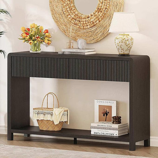 FATORRI Console Table for Entryway, 47.2 inch Modern Sofa Table with 2 Drawers for Living Room, Wood Hallway Tables and Couch Tables Behind Sofa, Black