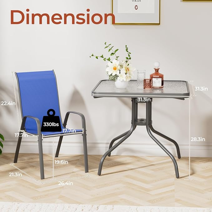 TLSUNNY Patio Dining Set 5 Pieces, All Weather Outdoor Furniture W/30"X 30" Table and 4 Stackable Textilene Chairs, Metal Table and Chairs for Lawn, Garden, Poolside, Backyard (Umbrella not Included)