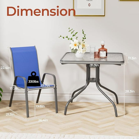 TLSUNNY Patio Dining Set 5 Pieces, All Weather Outdoor Furniture W/30"X 30" Table and 4 Stackable Textilene Chairs, Metal Table and Chairs for Lawn, Garden, Poolside, Backyard (Umbrella not Included)