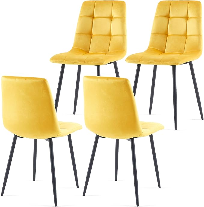 NORDICANA Yellow Velvet Dining Chairs Set of 4, Upholstered Tufted Kitchen Chairs, Comfortable Seat, Metal Leg, Easy Assembly