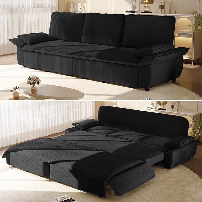 94.5'' Sleeper Sofa Bed King Size, Modern Corduroy Pull Out Couch, 3-in-1 Convertible Futon Sofa, 3 Seater Couches, Cloud Recliner, Pillow Arm, for Living Room, Apartment, Offices, Black