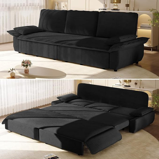 94.5'' Sleeper Sofa Bed King Size, Modern Corduroy Pull Out Couch, 3-in-1 Convertible Futon Sofa, 3 Seater Couches, Cloud Recliner, Pillow Arm, for Living Room, Apartment, Offices, Black