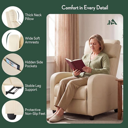 Massage Recliner Chair, Recliner Sofa Fabric for Adults, Recliners Home Theater Seating with Lumbar Support, Reclining Sofa Chair for Living Room, Cream