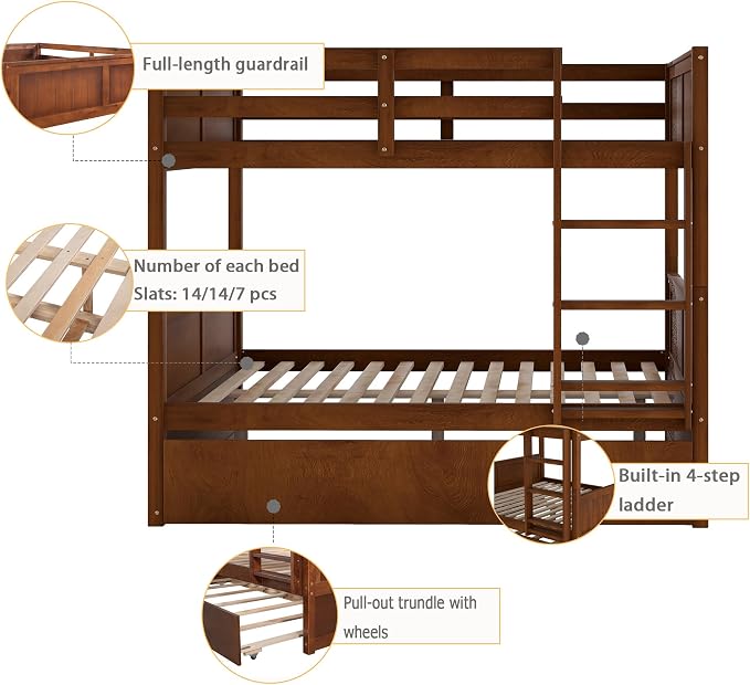 Merax Trundle Bunk Bed, Full Over Full Wood Bunk Bed with Twin Size Trundle, Guardrail and Ladder, Can be Separated into 2 Beds, Walnut