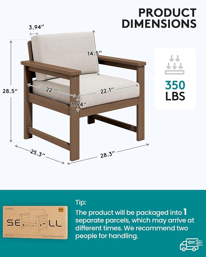 SERWALL 2 Pieces Single Cushioned Lounge Chair, HDPE Outdoor Adirondack Sofa Armchair with Cushion, Brown Frame/Khaki Cushion