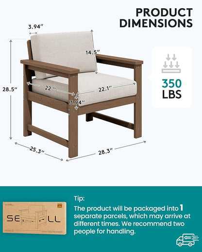 SERWALL 2 Pieces Single Cushioned Lounge Chair, HDPE Outdoor Adirondack Sofa Armchair with Cushion, Brown Frame/Khaki Cushion