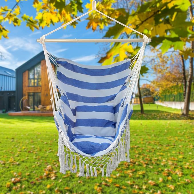YAERSI Hammock Chair, Hanging Rope Swing Seat with 2 Cushions,Macrame Hanging Chair Side Pocket with High Load-Bearing Metal Rod,for Indoor, Outdoor, Extra Comfortable