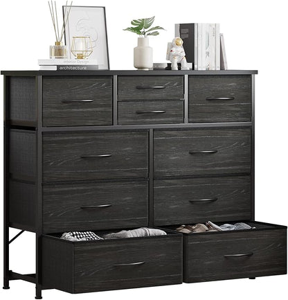 LUMTOK 10-Drawer Dresser, Fabric Storage Tower with Drawers for Bedroom, Dresser Drawer with Handle for Bedroom, Living Room, Hallway, Closets & Nurseryteel Frame, Wood Top (Black Wood Veins)