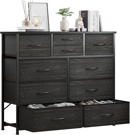LUMTOK 10-Drawer Dresser, Fabric Storage Tower with Drawers for Bedroom, Dresser Drawer with Handle for Bedroom, Living Room, Hallway, Closets & Nurseryteel Frame, Wood Top (Black Wood Veins)