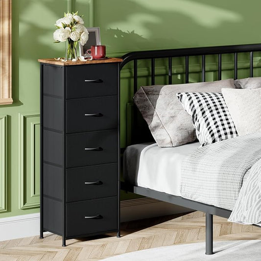 Somdot Tall Dresser for Bedroom with 5 Drawers, Storage Organizer Chest of Drawers with Removable Fabric Bins for Closet Bedside Living Room Laundry Entryway Hallway, Black Rustic Brown