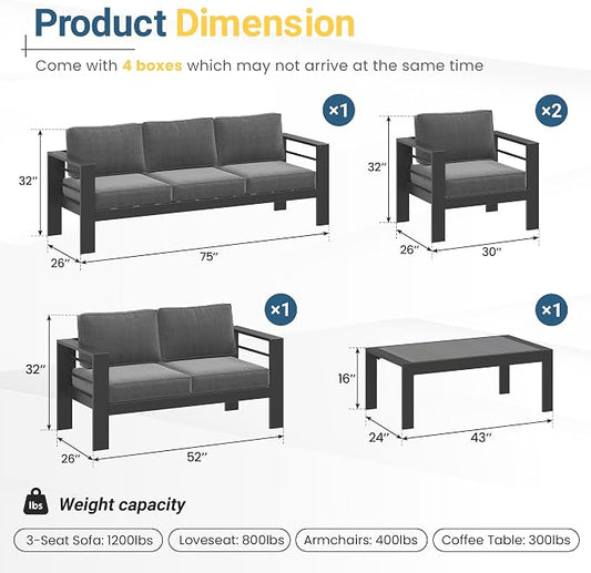 Solaste Aluminum Patio Furniture Set for All Weather, Oversized Metal Outdoor Furniture Set with 27.5" Deep Seating and 3.2" Wide Armrest, Outdoor Patio Conversation Sets with 10" Back Cushion, Gray