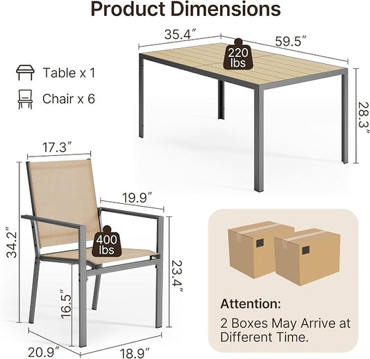 Ahomly Patio Table and Chairs Set for 6, Outdoor Dining Set Includes 59.5" Rectangle Patio Table with Side Umbrella Hole and 6 Textilene Fabric Patio Chairs for Backyard, Courtyard, Poolside, Brown