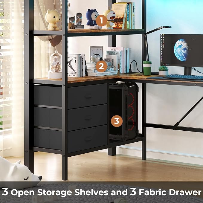 DICTAC Twin Loft Bed with L-Shaped Desk, LED Lights,Charging Station LED Metal Kids Loft Bed Twin Size with 3 Storage Shelves and 3 Fabric Drawers, Safety Guard & Ladder,No Box Spring Needed, Black