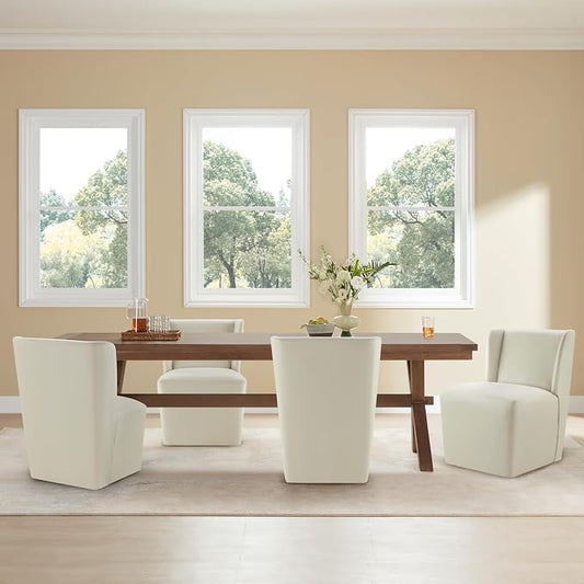 KISLOT Upholstered Dining Chairs Set of 4 with Casters, Wingback Modern Side Armless Deskchair with Rollers for Diningroom Bedroom Livingroom Reading Room, Cream Faux Leather